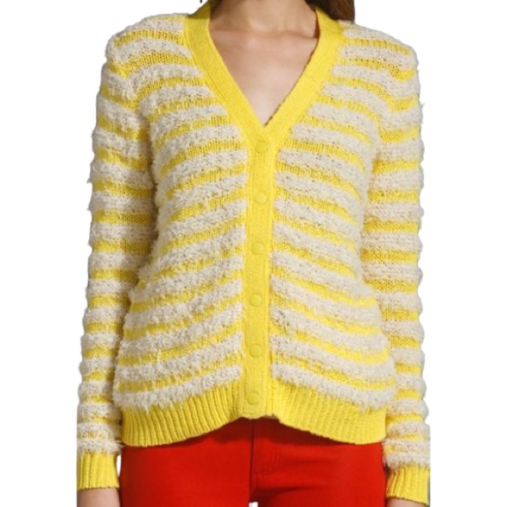 AIKO Priscilla Textured Shag Striped Yellow White Front Pocket Cardigan Sweater